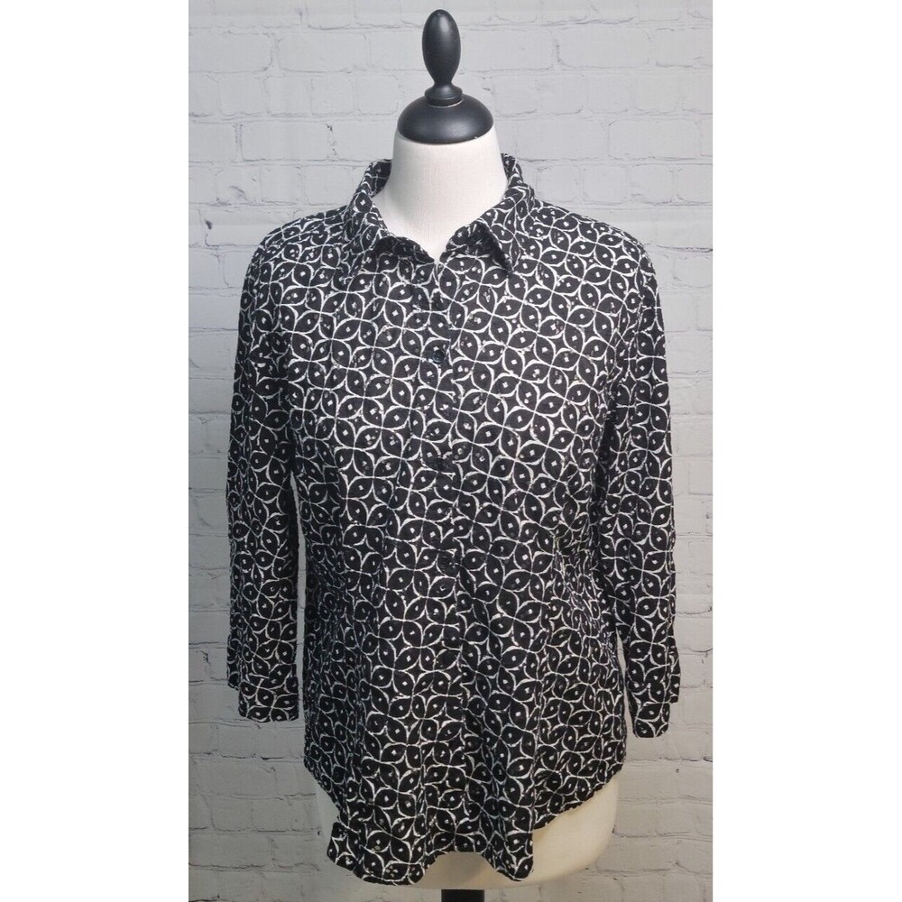 Chico's Black White Geometric Button Down Sz 2 Lg Blouse Layering Career